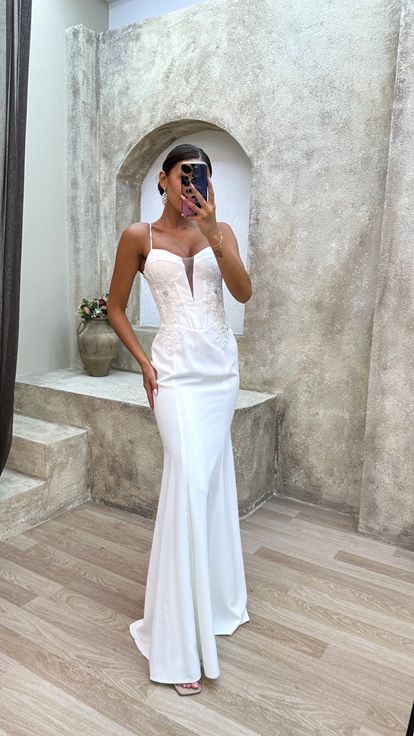 White Rope Strap Back Cross Embroidery Detail Design Evening Dress
