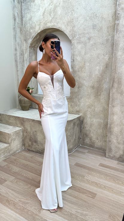 White Rope Strap Back Cross Embroidery Detail Design Evening Dress