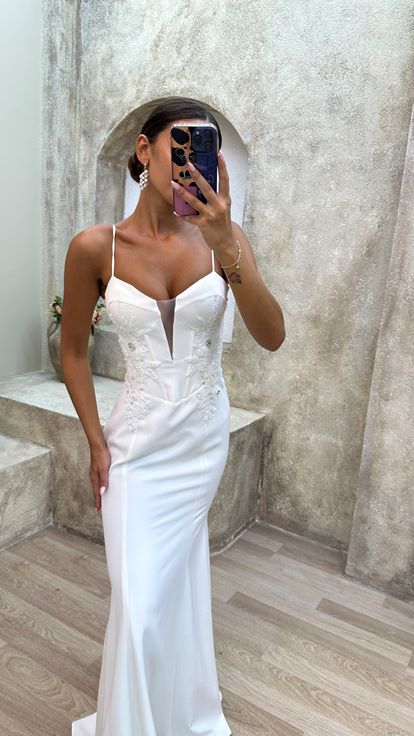 White Rope Strap Back Cross Embroidery Detail Design Evening Dress