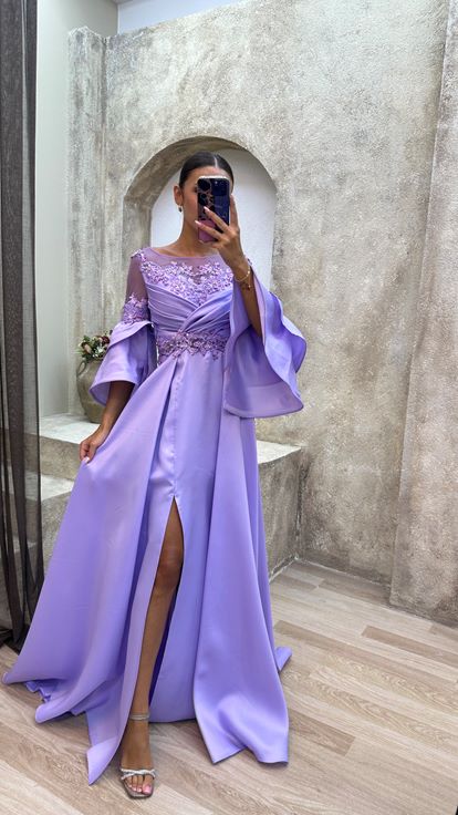 Lilac Sleeves Layered Bust Draped Design Satin Evening Dress