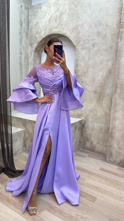 Lilac Sleeves Layered Bust Draped Design Satin Evening Dress