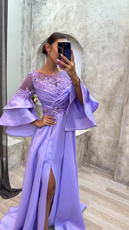Lilac Sleeves Layered Bust Draped Design Satin Evening Dress