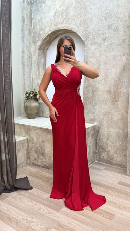 Red V-Neck Back Detail Embroidered Design Evening Dress