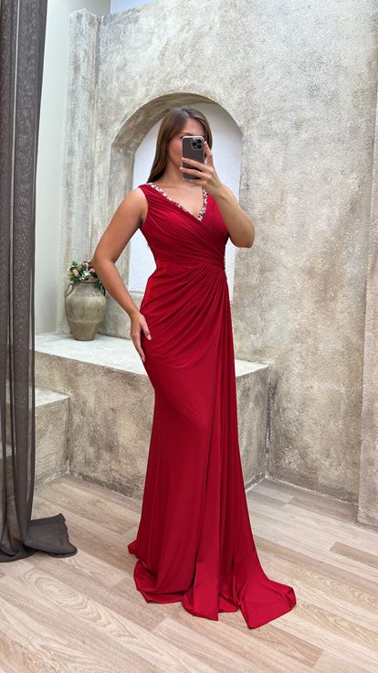 Red V-Neck Back Detail Embroidered Design Evening Dress