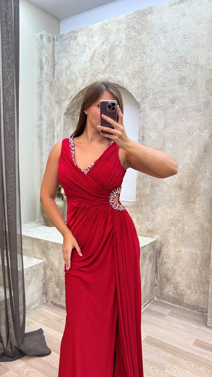 Red V-Neck Back Detail Embroidered Design Evening Dress