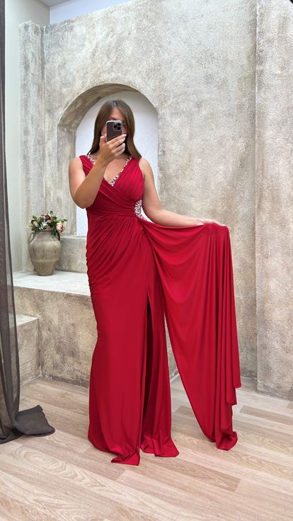 Red V-Neck Back Detail Embroidered Design Evening Dress
