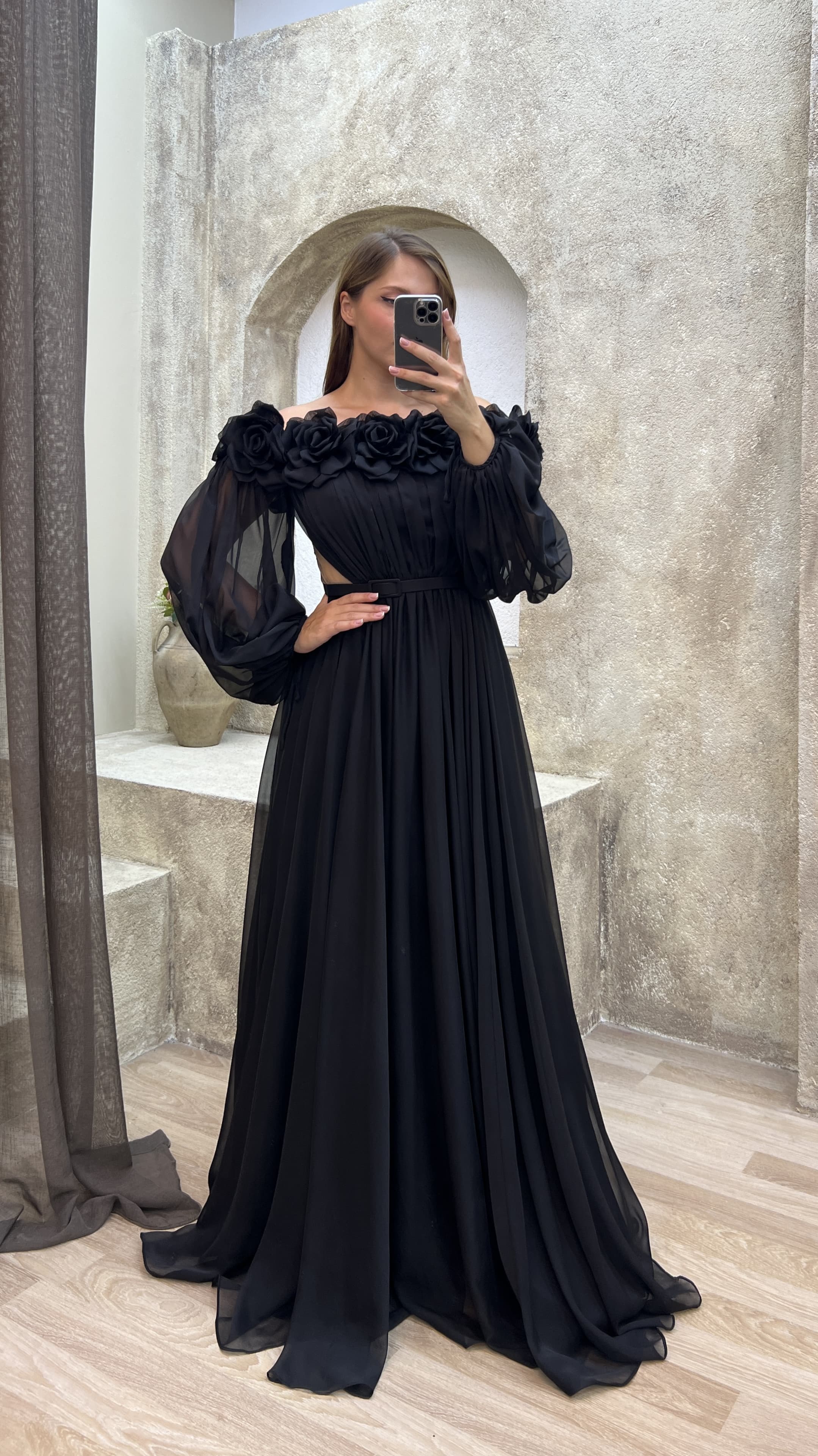Black Strapless Balloon Sleeve Chest Rose Detail Design Evening Dress
