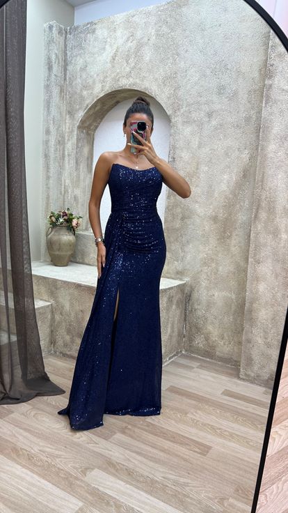 Navy Blue Strapless Detail Sequined Evening Dress