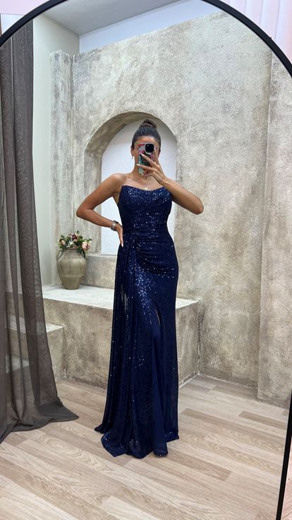 Navy Blue Strapless Detail Sequined Evening Dress