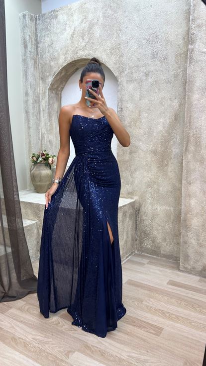 Navy Blue Strapless Detail Sequined Evening Dress