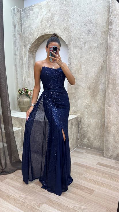 Navy Blue Strapless Detail Sequined Evening Dress