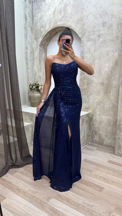 Navy Blue Strapless Detail Sequined Evening Dress