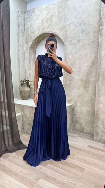 Navy Blue Bust Detail Pleated Evening Dress