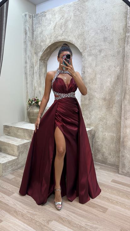 Claret Red Neck And Waist Detail Stone Embroidered Satin Evening Dress