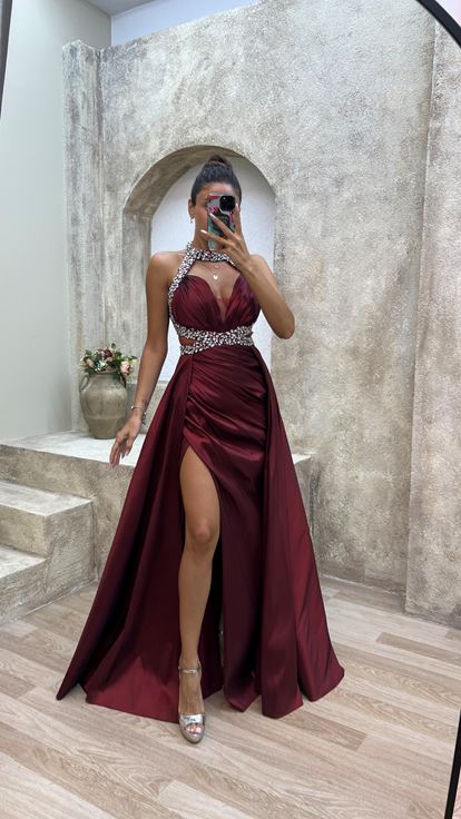Claret Red Neck And Waist Detail Stone Embroidered Satin Evening Dress