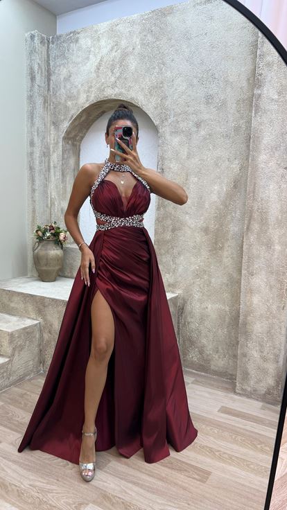 Claret Red Neck And Waist Detail Stone Embroidered Satin Evening Dress