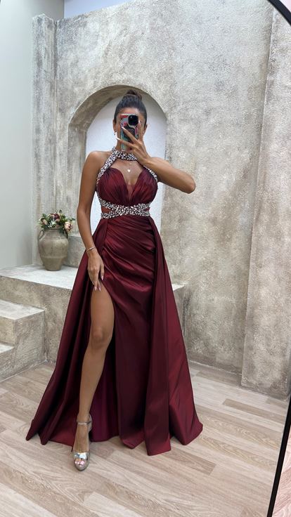 Claret Red Neck And Waist Detail Stone Embroidered Satin Evening Dress