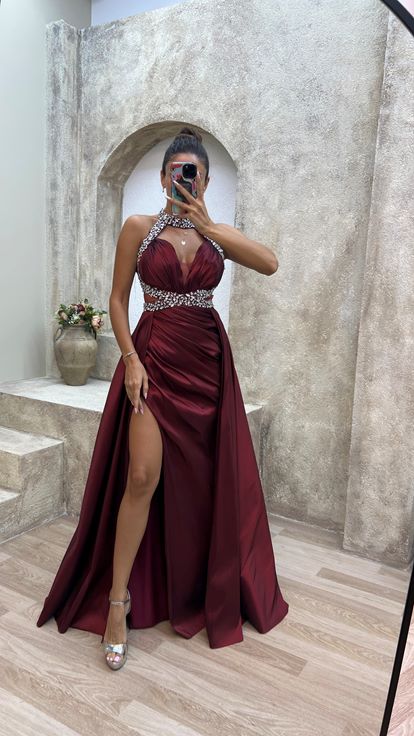 Claret Red Neck And Waist Detail Stone Embroidered Satin Evening Dress