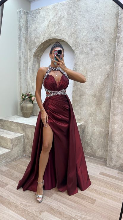 Claret Red Neck And Waist Detail Stone Embroidered Satin Evening Dress