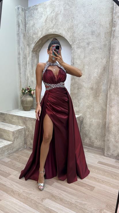 Claret Red Neck And Waist Detail Stone Embroidered Satin Evening Dress