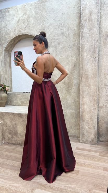 Claret Red Neck And Waist Detail Stone Embroidered Satin Evening Dress