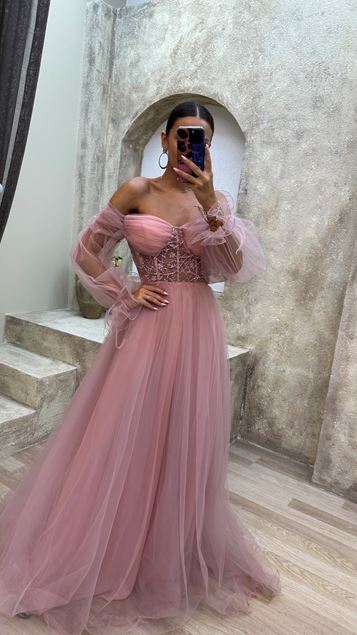 Powder Embroidered Tulle Evening Dress