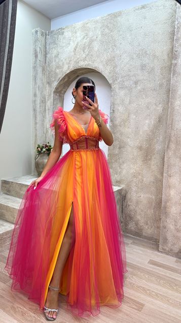 Fuchsia col en V Détail transparent Tulle Robe de soirée