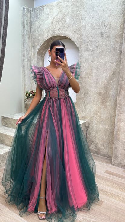 Emerald V Neck Transparent Detail Tulle Evening Dress