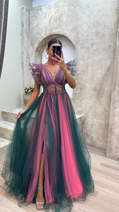 Emerald V Neck Transparent Detail Tulle Evening Dress