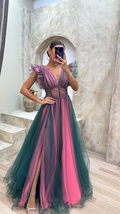 Emerald V Neck Transparent Detail Tulle Evening Dress