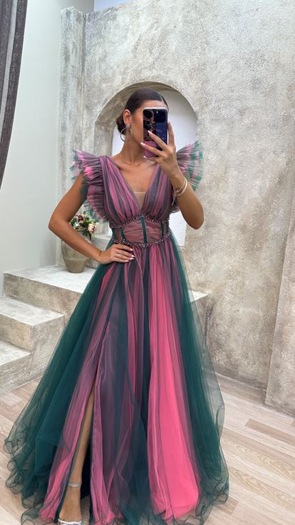 Emerald V Neck Transparent Detail Tulle Evening Dress