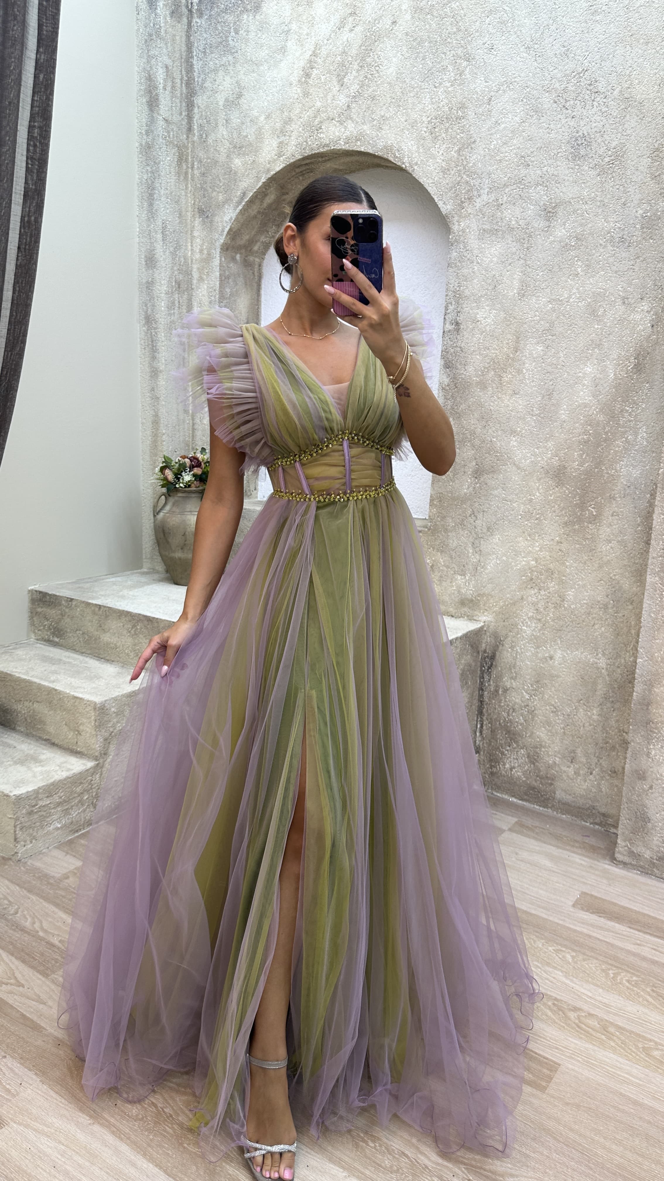 Green V-Neck Transparent Detail Tulle Evening Dress