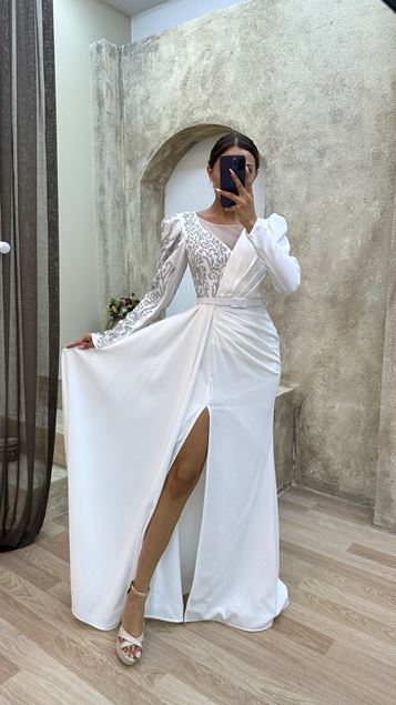 White Embroidered Waistband Satin Evening Dress