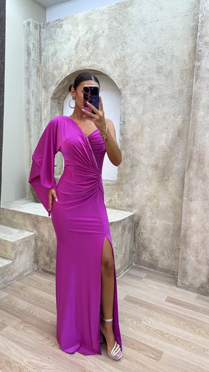 Fuchsia Single Sleeve Bust Detail Draped Evening Dress