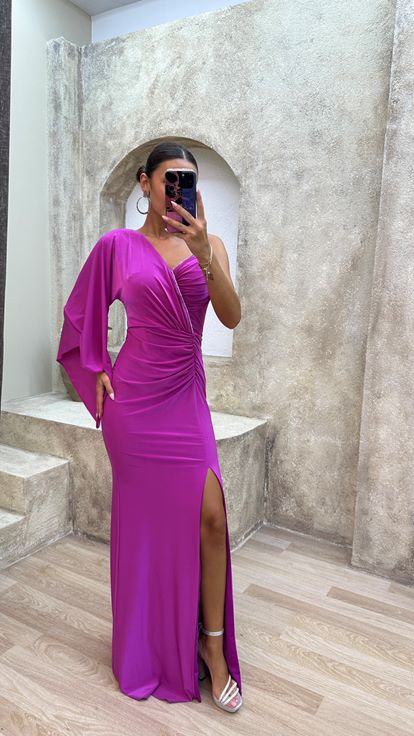 Fuchsia Single Sleeve Bust Detail Draped Evening Dress