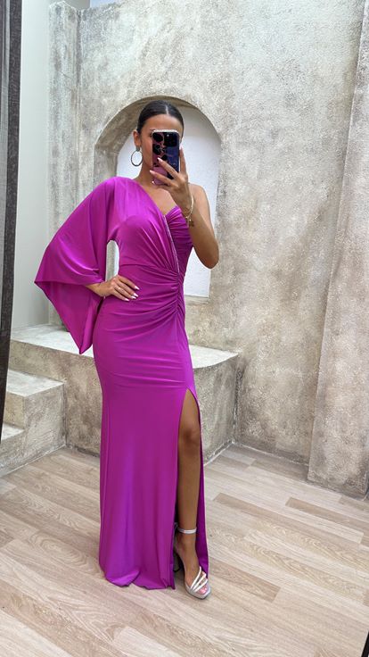 Fuchsia Single Sleeve Bust Detail Draped Evening Dress