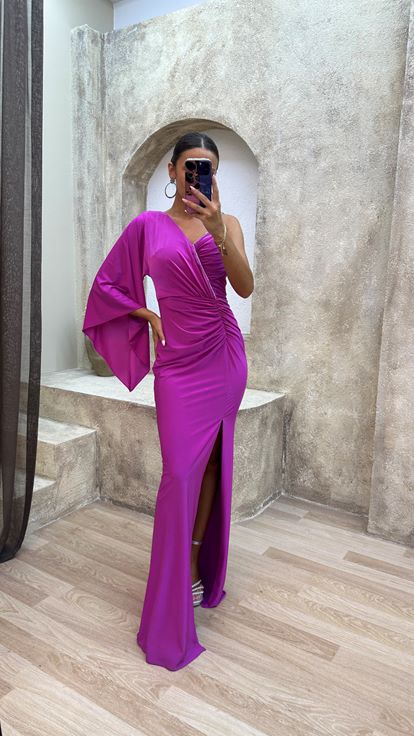 Fuchsia Single Sleeve Bust Detail Draped Evening Dress