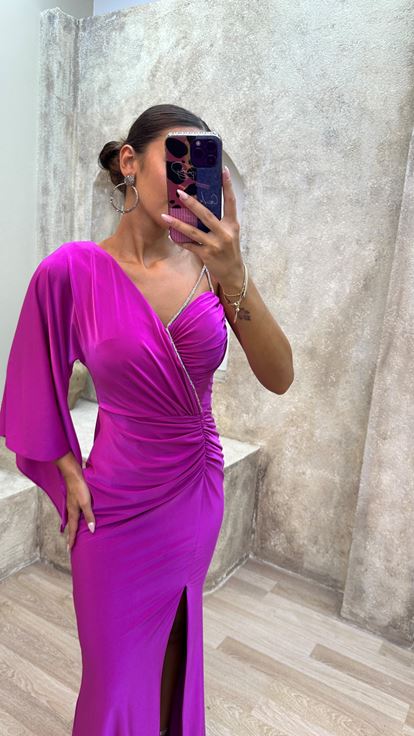Fuchsia Single Sleeve Bust Detail Draped Evening Dress