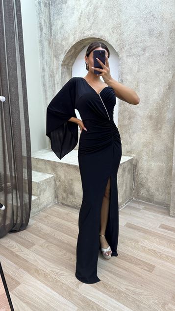 Black Single Sleeve Bust Detail Draped Evening Dress