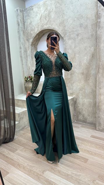Emerald Back Detail Embroidered Satin Evening Dress