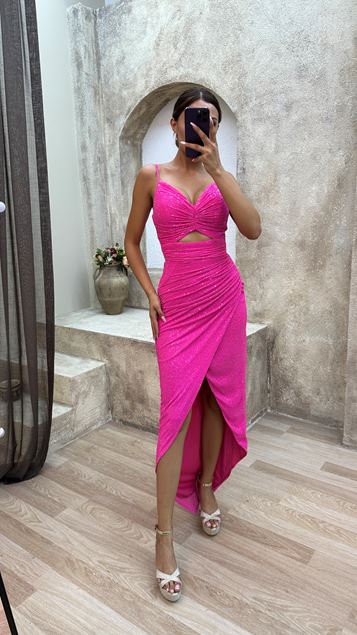 Fuchsia Corde Strap Taille Détail Cordon Paillettes Robe de soirée