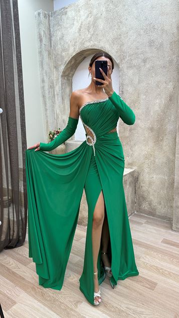 Emerald Strapless Waist Detail Pierre Brodée Satin Robe de soirée