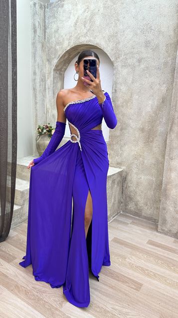 Purple Strapless Waist Detail Stone Embroidered Satin Evening Dress