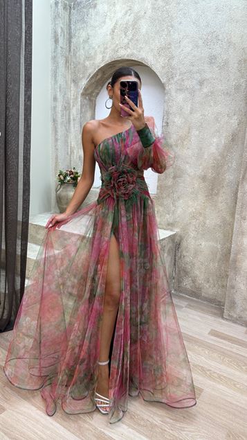 Emerald Single Sleeve Waist Rose Detail Feathered Tulle Evening Dress