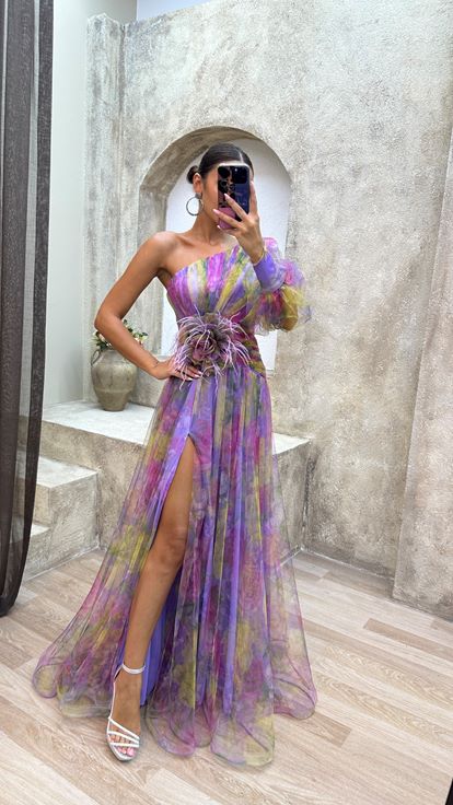 Lilac Single Sleeve Waist Rose Detail Feathered Tulle Evening Dress