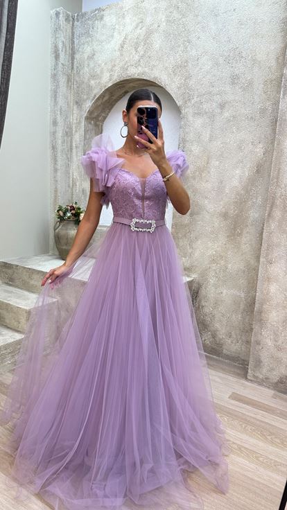 Pudra Omuz Detay Göğsü İşlemeli Tül Abiye Elbise