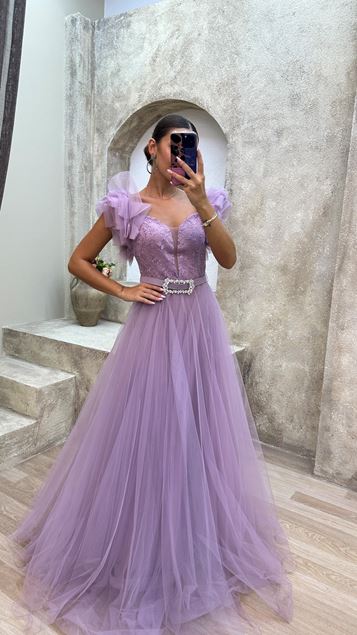 Pudra Omuz Detay Göğsü İşlemeli Tül Abiye Elbise