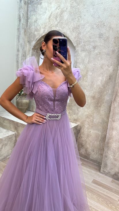 Pudra Omuz Detay Göğsü İşlemeli Tül Abiye Elbise