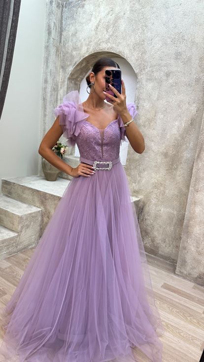 Pudra Omuz Detay Göğsü İşlemeli Tül Abiye Elbise