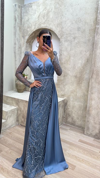 Indigo Bust Pleated Embroidered Satin Evening Dress